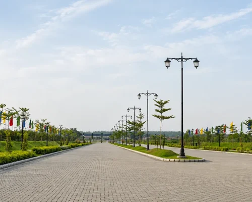 Omaxe New Ludhiana internal road with landscaped greenery and street lights